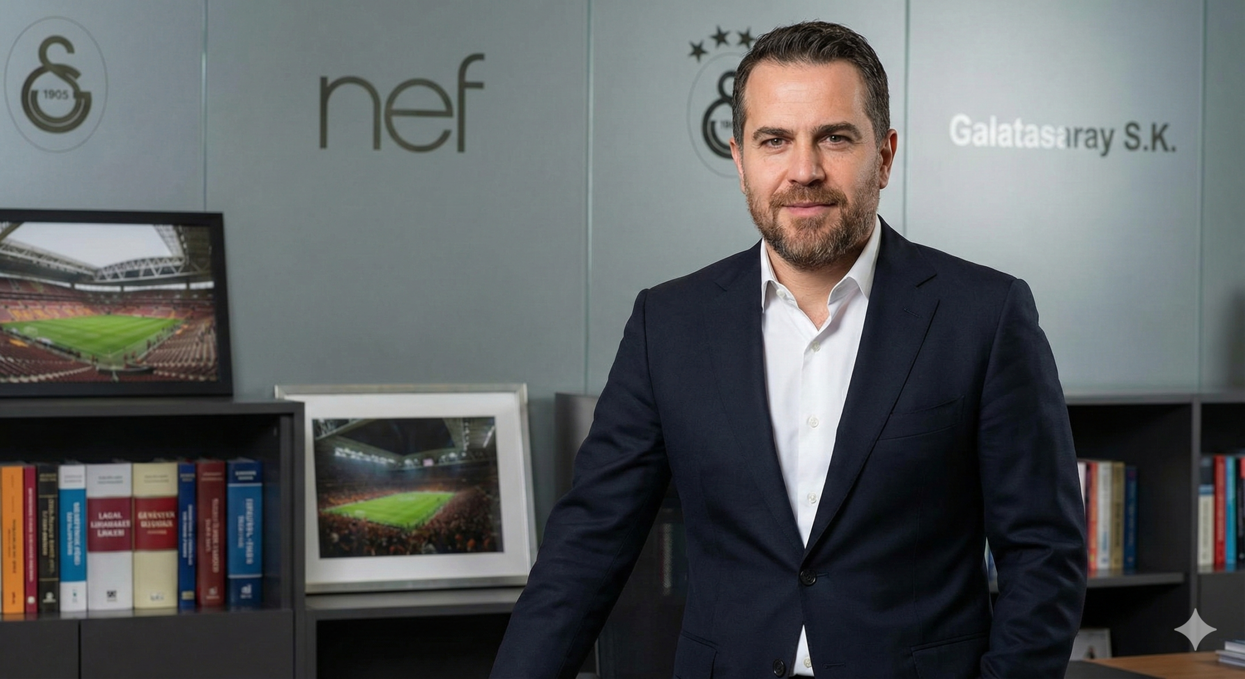 Erden Timur Kimdir , NEF ve Galatasaray logolu ofisinde.